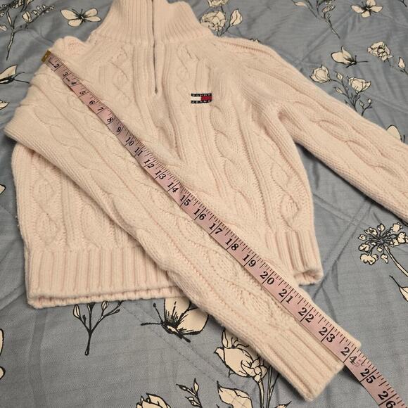 Tommy Jeans M Cable Knit Quarter-Zip Sweater Wool Blend Ivory White Logo Patch - Picture 8 of 10